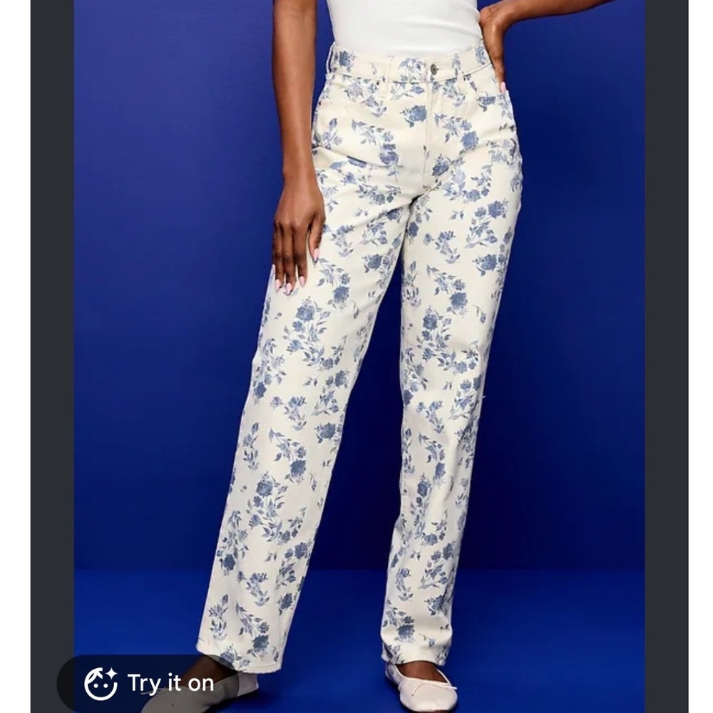 Old Navy OG Loose High Rise Floral Toile Jeans Blue Cream Tall 4
